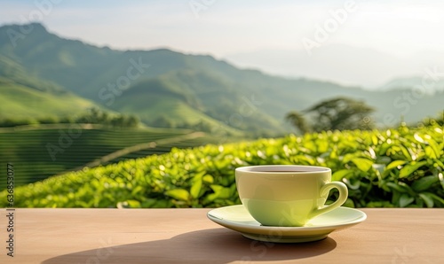 Photo of a cup and saucer on a table with a view of a tea plantation