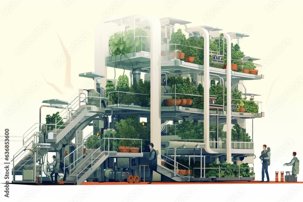 Isolated illustration of vertical farming plant factory with robots. Generative AI
