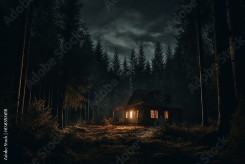 A spooky wooden cabin hidden amidst a dense pine forest at night. Generative AI