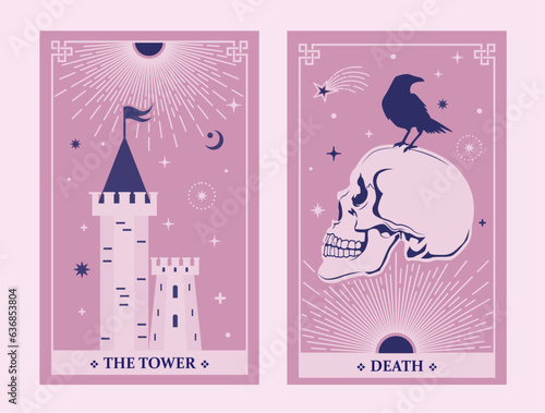 The tower and death tarot card illustration fortune telling occult mystic esoteric. Celestial Tarot Cards are Basic witch tarot surrounded by stars.