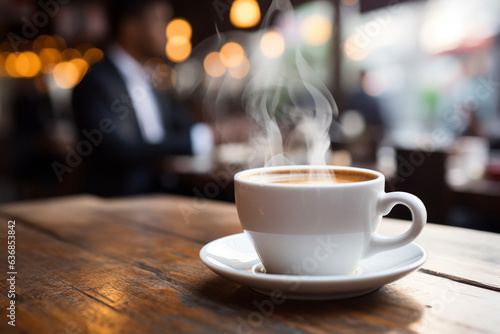 Tablou canvas Drink steaming coffee at a cafe where businessmen gather before commuting to work Business people who are busy with work gather blurry scenes