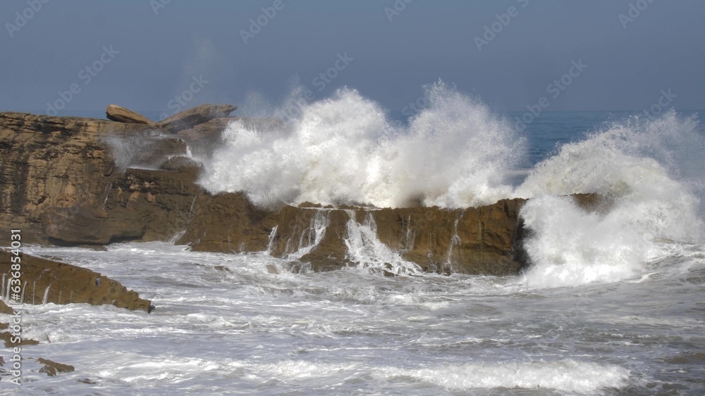 Huge Violent Waves Breaking on Rock Cliffs on Atlantic Ocean in Morocco