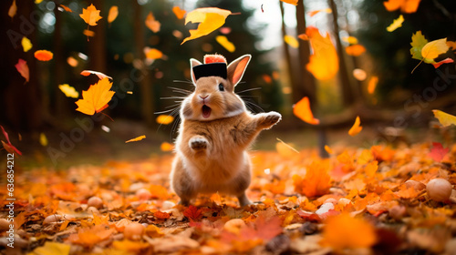 A rabbit with a cap pauses among the bright red hues of foliage in a glade.