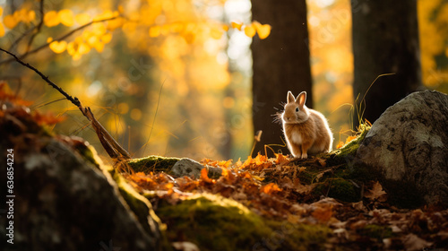 A lone rabbit pauses among the bright red hues of foliage in a glade.