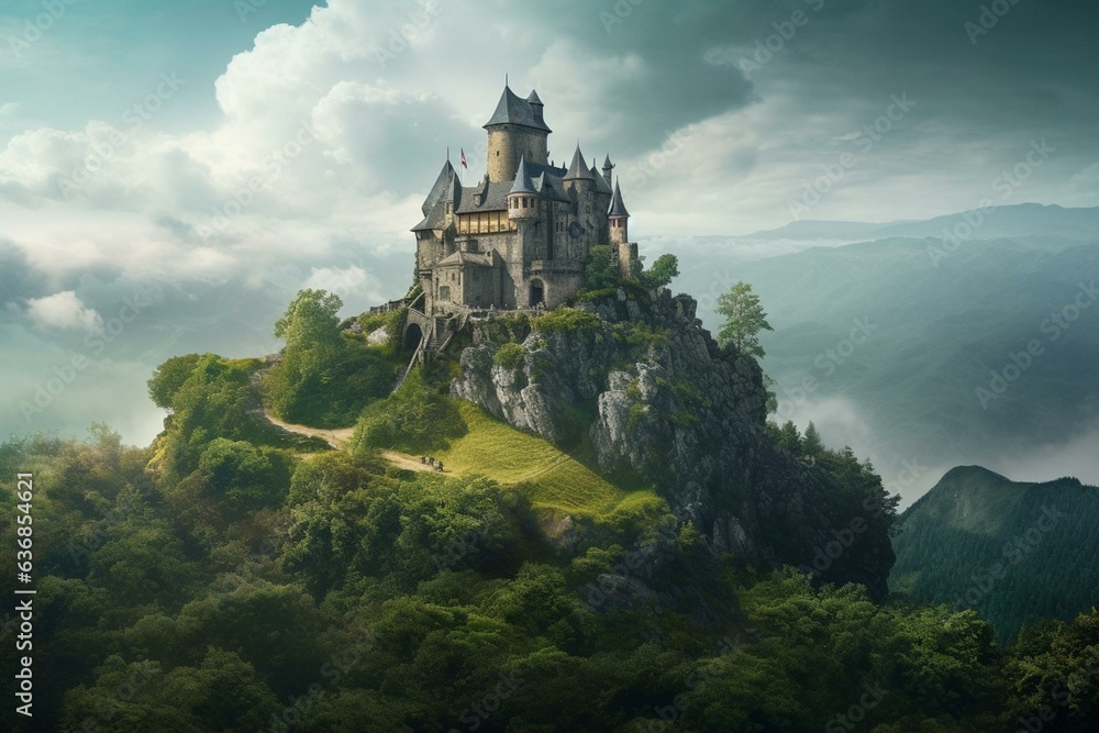 An enchanting castle set in a green fairytale world, suspended among the clouds. Generative AI