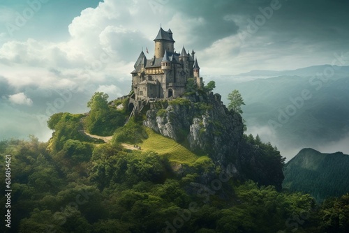 An enchanting castle set in a green fairytale world  suspended among the clouds. Generative AI