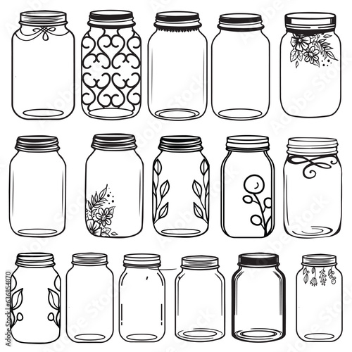 Glass Mason Jar set Collect moments not things Ball jar Canning Empty jar with blank label, Hand drawn Glass mason jar outline line art clip art template,Simple flat vector illustration design