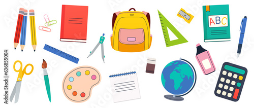School and education supplies set. Children's stationery for study on white background. Back to school.