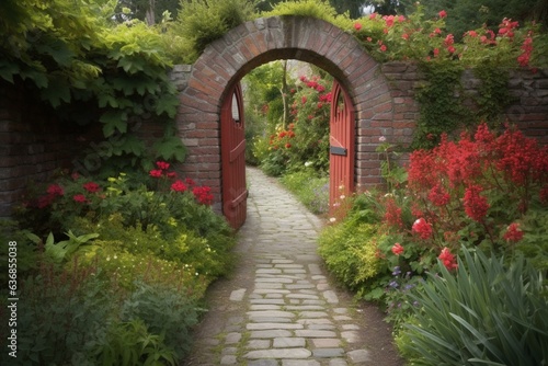 A garden pathway adorned with red flowers, a stone path, and a gate with a brick arch. Generative AI