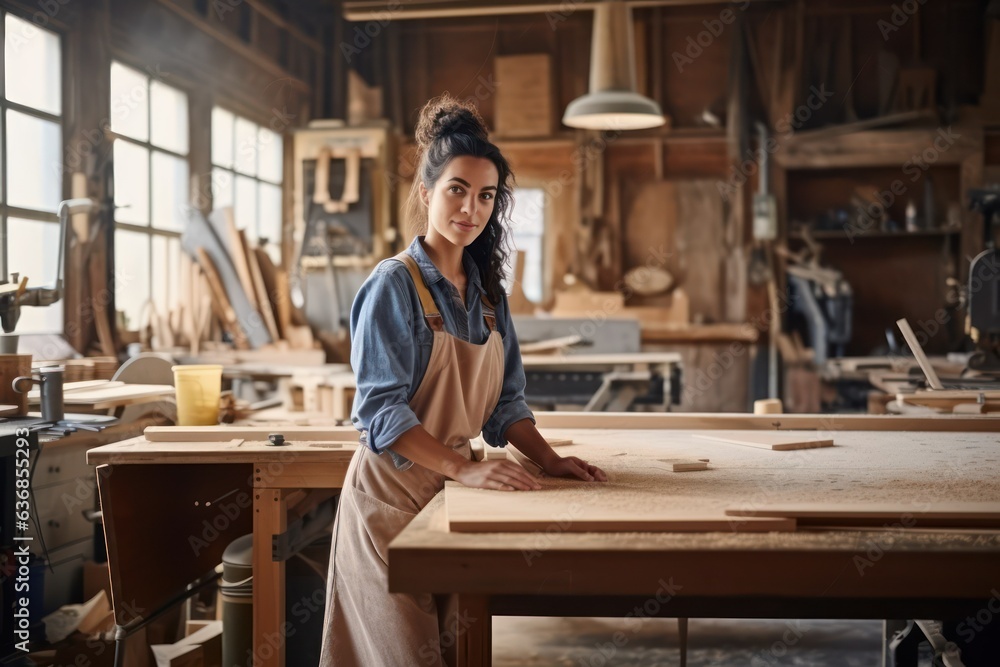 Positive woman working in joinery workshop Positive woman working in joinery workshop