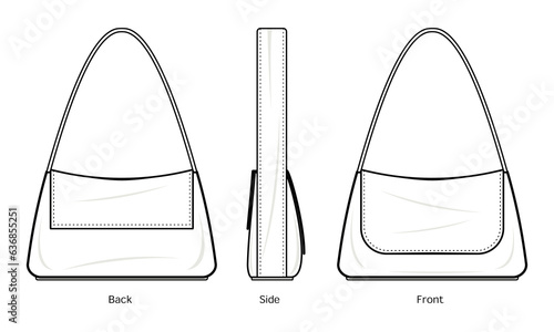 Shoulder bag fashion flat technical drawing template. Shoulder bag fashion illustration. sketch, front, side, and back view. set, white colour. CAD mockup.