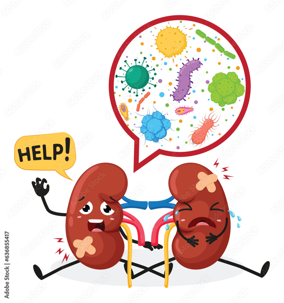 Unhealthy kidney need help cartoon character, isolated on white background