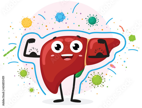 Healthy Liver with immunity defence cartoon character, isolated on white background