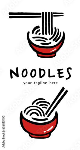 Noodles logo with chopsticks drawn by brush over white background. Vector illustration in cartoon design. Use for logos, icons, posters, graphics.	
