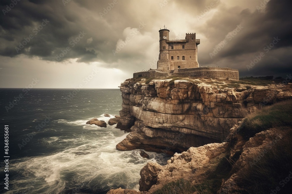 An old coastal castle atop cliff and thunderstorm incoming. Generative AI