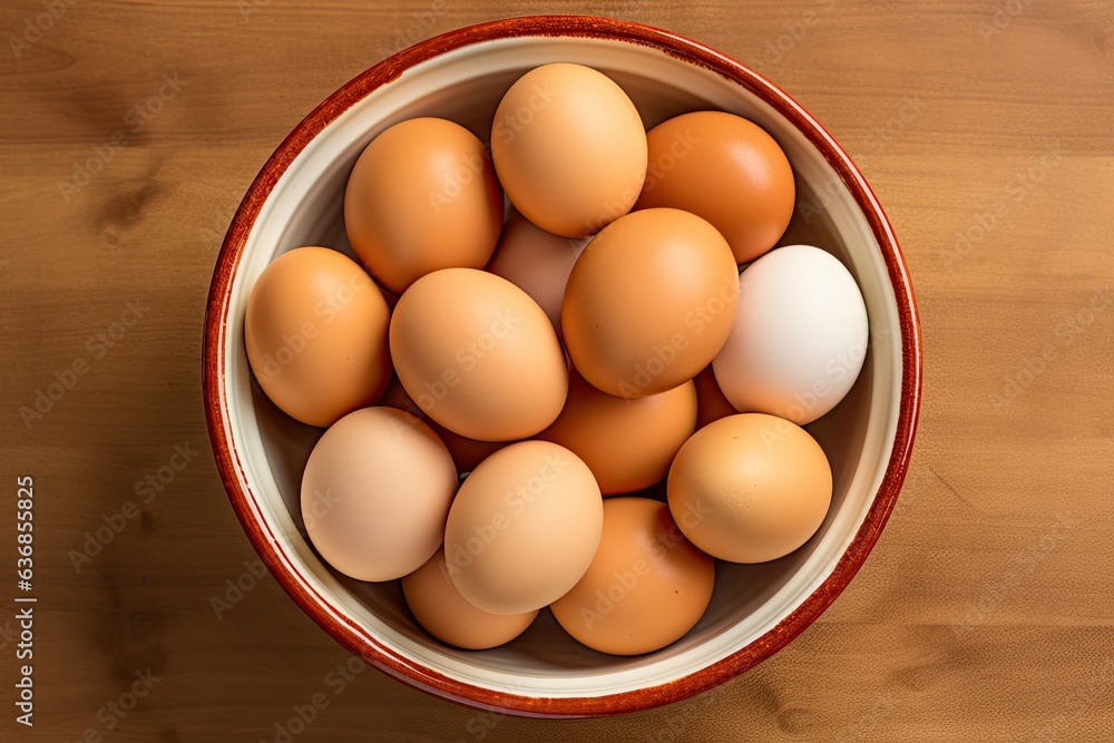 Top-down view of a bowl filled eggs, ready for cooking. Generative AI Top-down view of a bowl filled eggs, ready for cooking. Generative AI