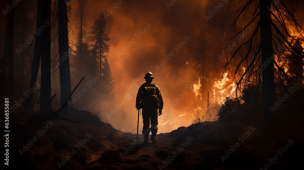 Fototapeta premium firefighter on the background of a forest fire view from the back