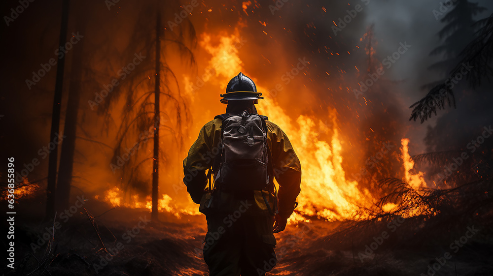 firefighter on the background of a forest fire view from the back firefighter on the background of a forest fire view from the back