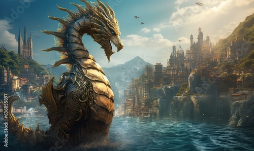 Photo of a majestic dragon statue overlooking a serene body of water © uhdenis
