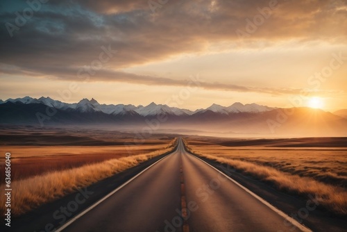 Panoramic image of a lonely, endless road running sunset between mountains. Travel concept. Generative AI.