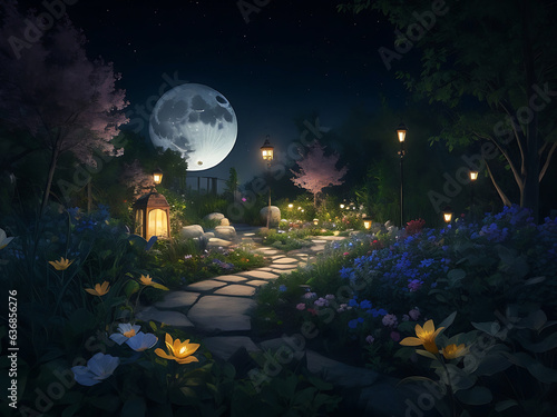 A moon garden in the night fantastic garden from a fairy tale, two butterflies, and a mystery blue background with a shining moon