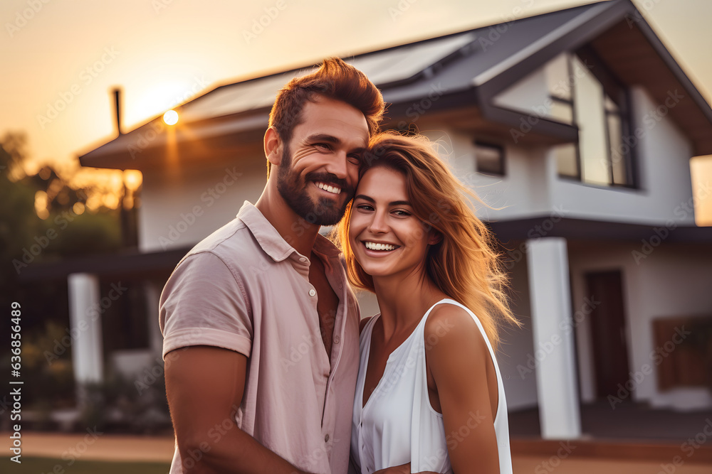 Fototapeta premium Happy couple standing smiling in front of a big minimalist house with installed solar panels