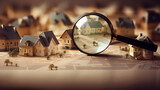 Searching for house lodging and property with magnifying glass. Hunt for new house or home, real estate loan, mortgage, investments and housing development concept