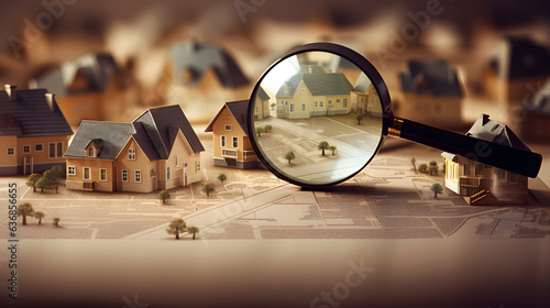Searching for house lodging and property with magnifying glass. Hunt for new house or home, real estate loan, mortgage, investments and housing development concept photo