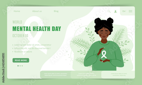 World mental health day. Landing page template. Happy african woman with ribbon. Annual international health campaign. Vector illustration in flat cartoon style.