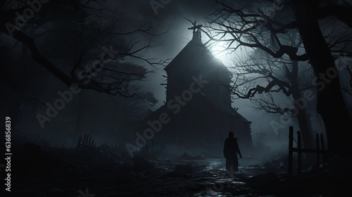 A Person Approaching a Medieval Chapel in a Dark Scary Forest