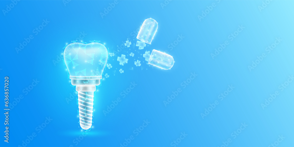 Medical sign symbol blue cross floats out capsule absorbs into the dental implant. Emergency medicine first aid and health care. Human tooth organ translucent low poly futuristic glowing vector. Medical sign symbol blue cross floats out capsule absorbs into the dental implant. Emergency medicine first aid and health care. Human tooth organ translucent low poly futuristic glowing vector.