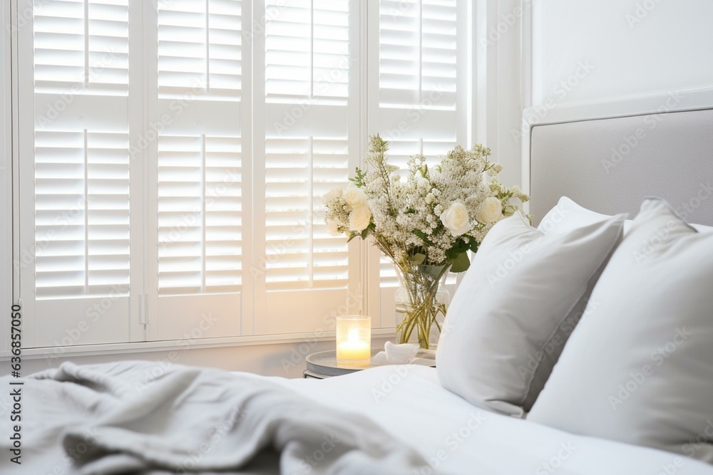 High-end white indoor shutters for bedroom with focus on detail. Generative AI - obrazy, fototapety, plakaty 