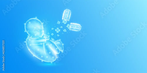 Medical sign symbol blue cross floats out capsule absorbs into the embryo fetal pregnancy. Emergency medicine first aid and health care innovation. Child translucent low poly triangles. Vector.
