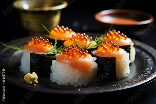 Murais de parede Rice topped with salmon roe and a sushi roll filled with salmon roe