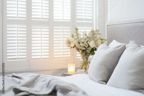 High-end white indoor shutters for bedroom with focus on detail. Generative AI photo