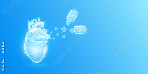 Medical sign symbol blue cross floats out capsule absorbs into the heart. Emergency medicine first aid and health care innovation treatment. Human heart organ translucent low poly triangles. Vector.