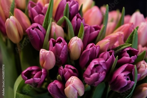 Vibrant autumn bouquet of pink and violet tulips. Perfect for floral designs and flower arrangements. Close-up with a beautiful floral background. Generative AI