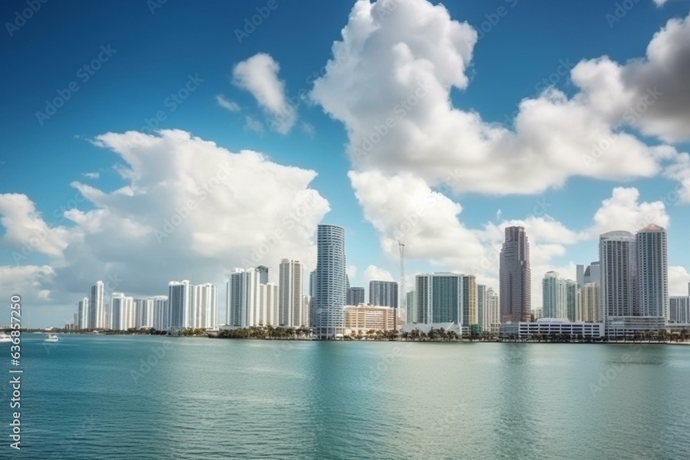 Stunning Miami skyline with panoramic views of buildings, skyscrapers, clouds and sky. Generative AI