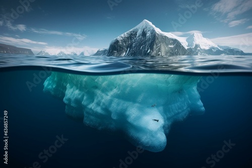 Explore uncharted blue ocean with huge iceberg  vibrant fauna   eternal cold  change the way you think about underwater world. High-resolution wallpaper for tourism. Generative AI