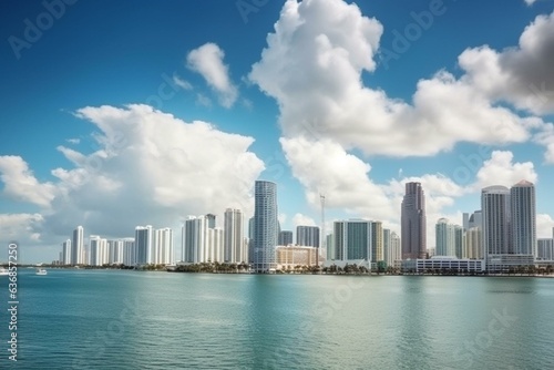Stunning Miami skyline with panoramic views of buildings, skyscrapers, clouds and sky. Generative AI © Gabriela