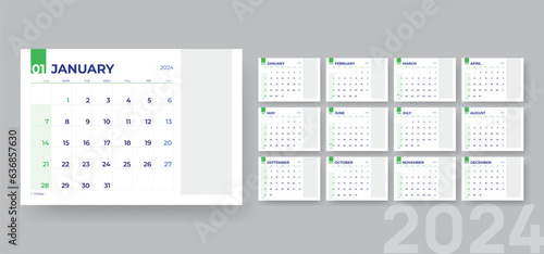 Horizontal monthly calendar template for 2024 year, Corporate templates design with space for image, Vector calendar template