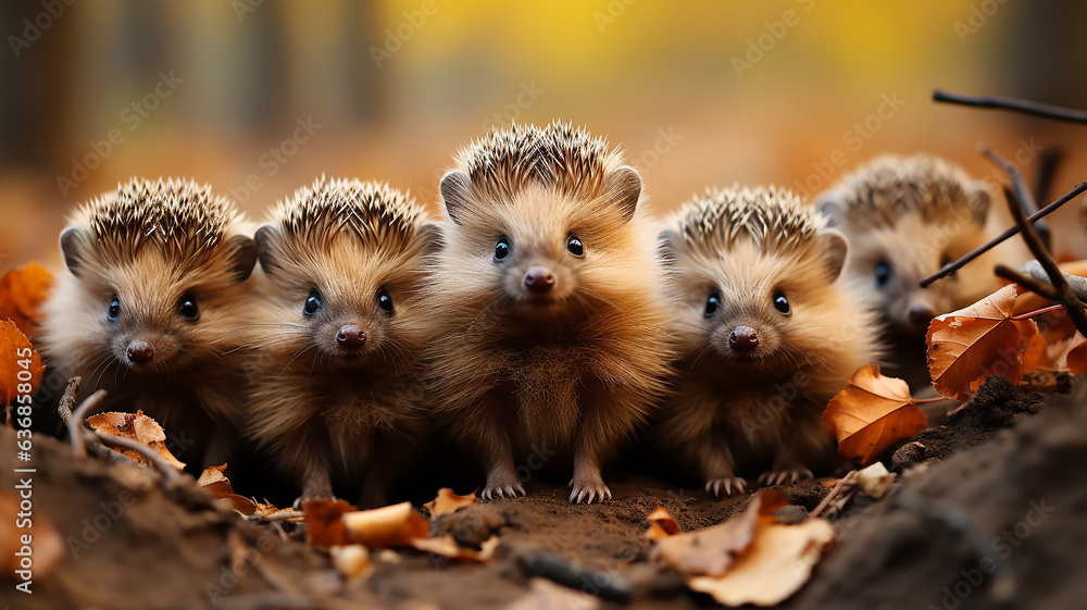 family group of hedgehogs posing in the autumn forest, community collective wildlife leaf fall in October - obrazy, fototapety, plakaty 
