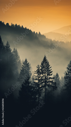 a lonely pine tree in the sunset mist in the mountains, an autumn calm landscape of wildlife, a vertical panorama of the forest © kichigin19