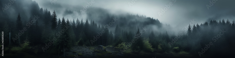 a long narrow panorama of a coniferous northern forest in the fog of an autumn day, a landscape of wildlife