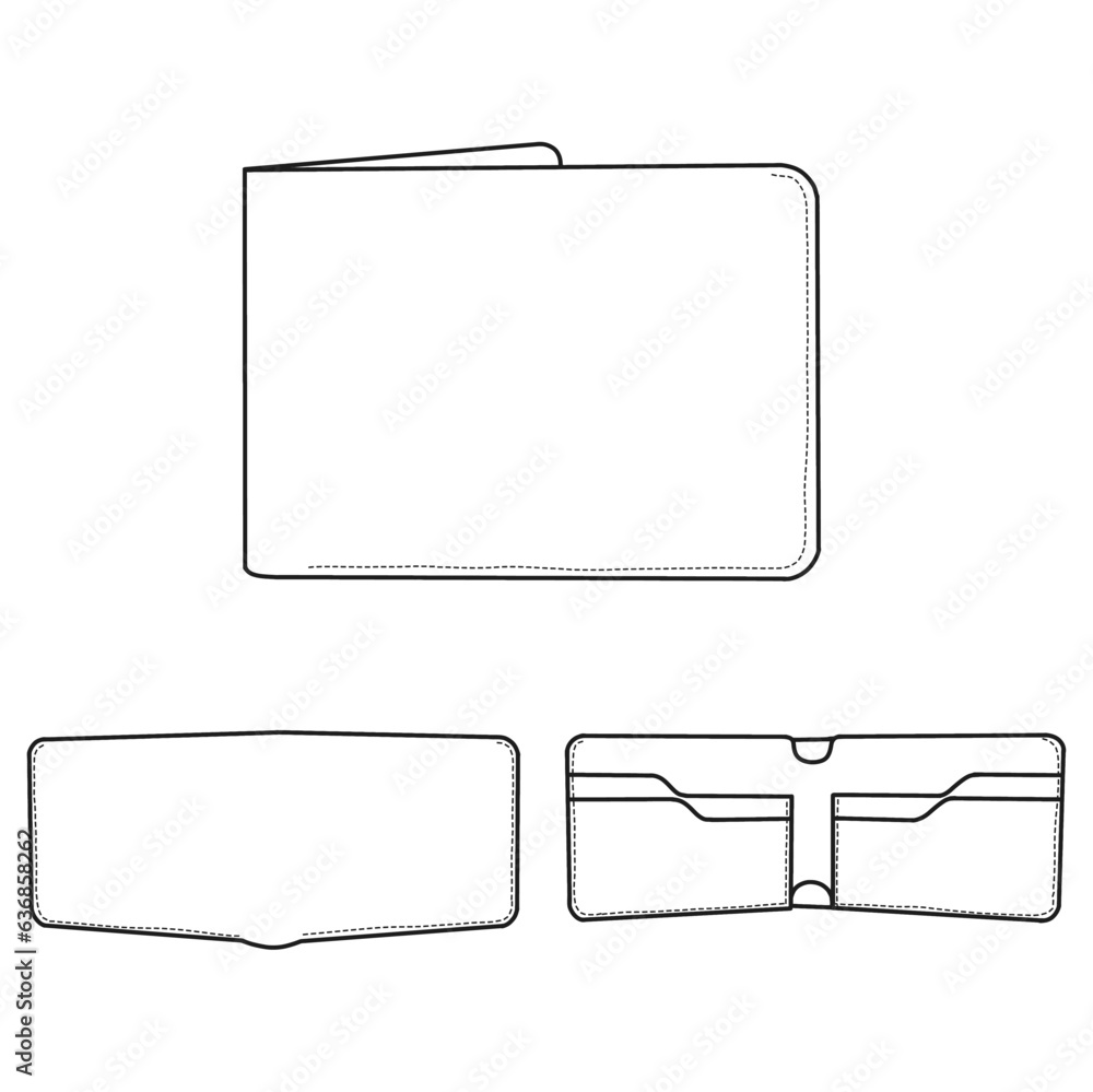 Technical drawings of bifold leather wallet card case open outline ...