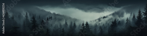 a long narrow panorama of a coniferous northern forest in the fog of an autumn day  a landscape of wildlife