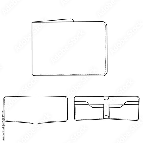 Technical drawings of bifold leather wallet card case open outline vector in front and back view, Isolated on white background. Template vector illustration for your leather bifold wallet design mod 2