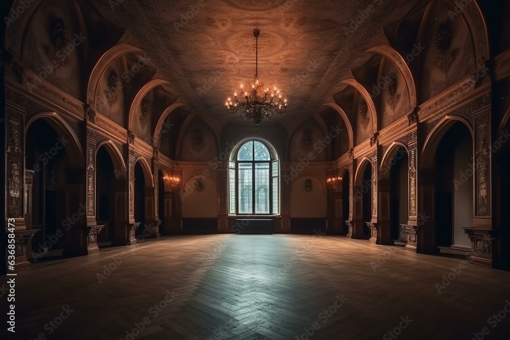 Empty castle ballroom or palace hall in the night. Generative AI