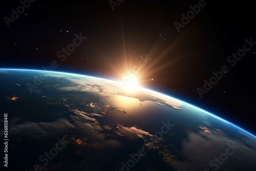 A wide view of sunrise on earth from space, featuring the sun, stars, and galaxy. Ecology and environment concepts were used. Furnished elements. Generative AI