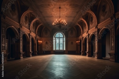 Empty castle ballroom or palace hall in the night. Generative AI